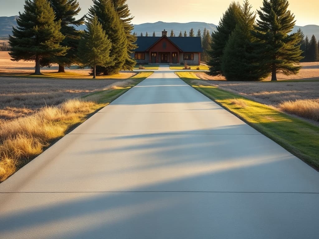 Long acreage driveway poured by JFK Surfaces near Ponoka, Alberta