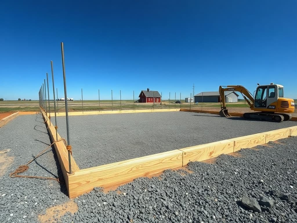 Farm site prep and gravel base work ahead of a concrete pour by JFK Surfaces in Central Alberta